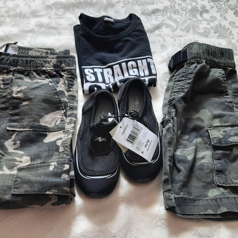 4 Pc Camo Shorts, Pant T Shirt, and Black Water Shoes Set